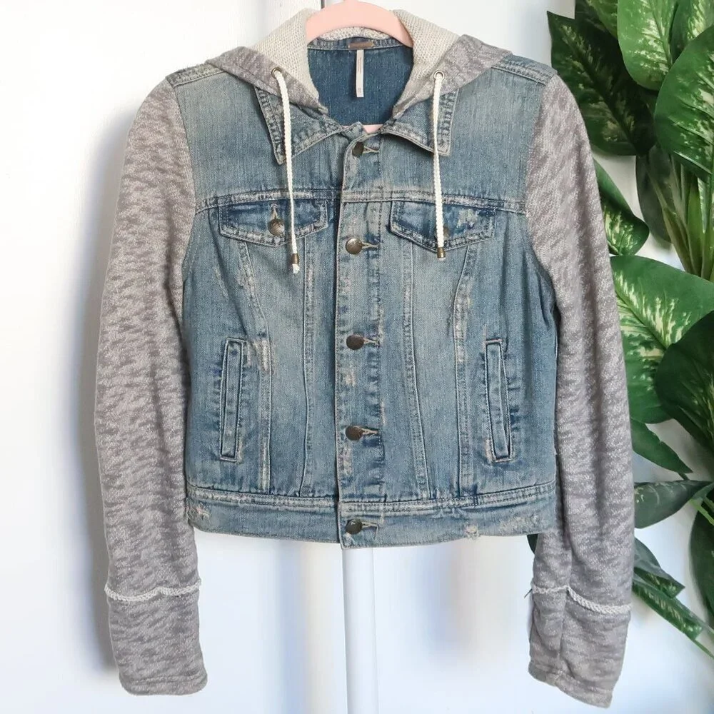 Free People Blue Denim Jean Heather Gray Knit Long Sleeve Hooded Jacket Size XS - Picture 4 of 12